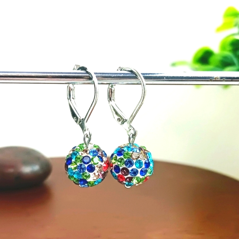 Stainless Steel Silver Tone Multi Color Rhinestones Drop Earrings New